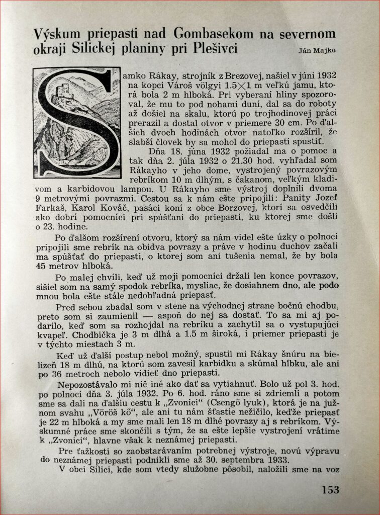 Faksimile časti článku J. Majka o objave Mestskej priepasti na Silickej planine v Slovenskom krase. Publikované v Krásach Slovenska (1944), číslo 6-7-8